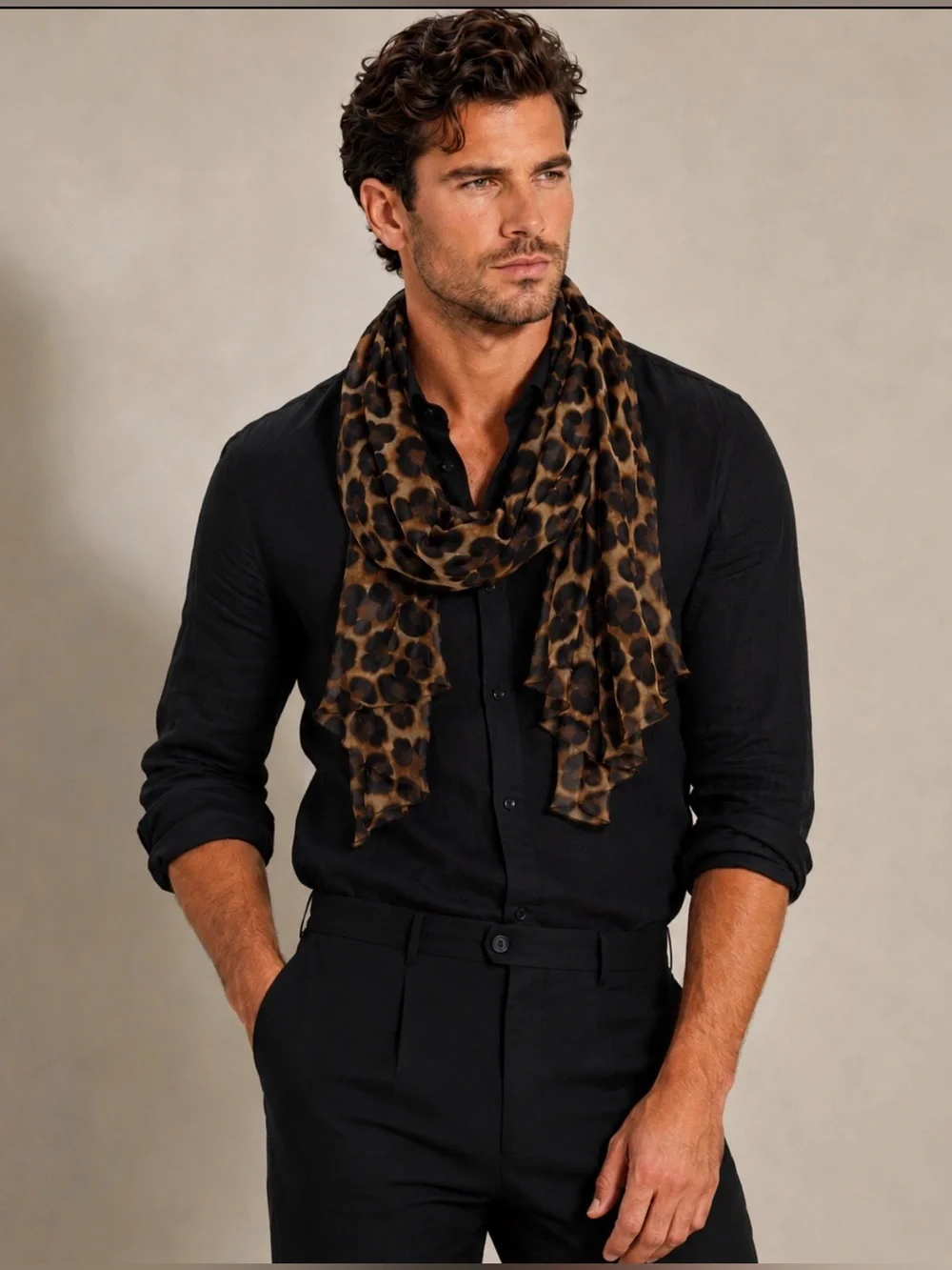 Ralph Lauren Leopard Print Silk  Chiffon Sheer Scarf NWT Mens Unisex Ruffle Wrap
